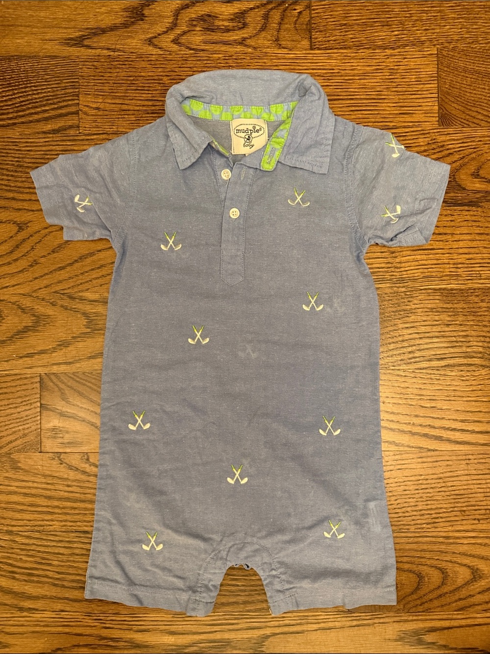 Mud Pie Blue Polo Romper with Lime Green Embroidery